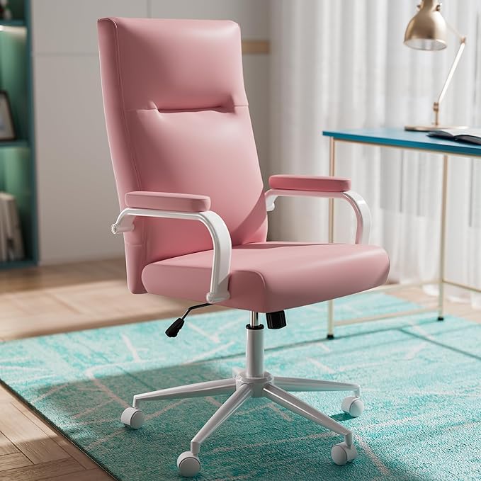 Pink Desk Chair, High Back Leather Executive Office Chair for Girl and Women, Adjustable Height Computer Desk Chairs with Wheels and Arms