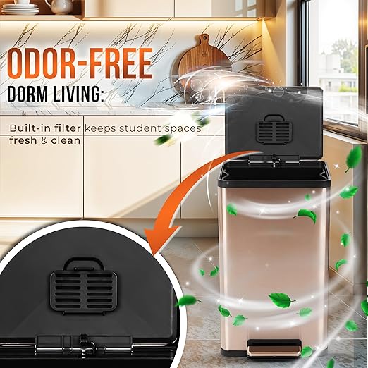 Simpli-Magic 13.2 Gallon (50L) Step Trash Can – Kitchen Garbage Can with Slow-Close Lid – Odor Control, Hands-Free, Easy to Clean, Brushed Stainless Steel (Rose Gold)