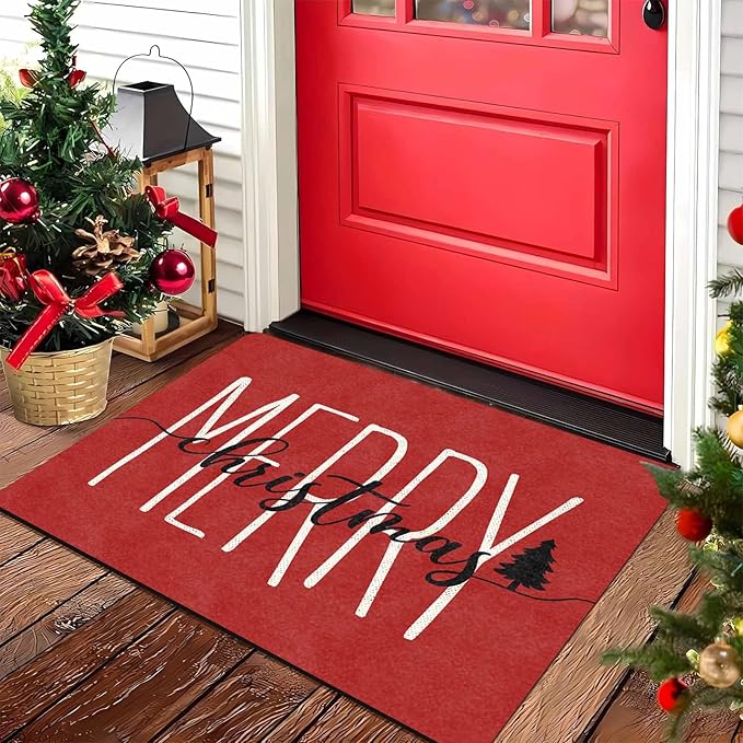 Merry Christmas Doormat Red Funny Text Door mat Outdoor Entrance Christmas Festival Carpet for Outside Entrance Or Porch Entry Entrance Decoration, 16" x 24" Inch