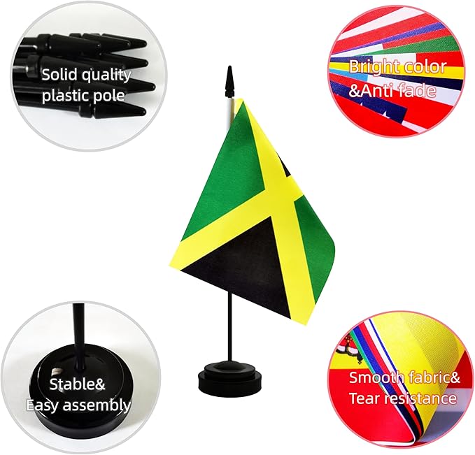 2 Pack Jamaica Desk Flag, Jamaican Table Office Flag with Solid Pole and Stand Base, International Country Flag, Festival Celebration, Classroom Meeting Desktop Decoration (Jamaica)