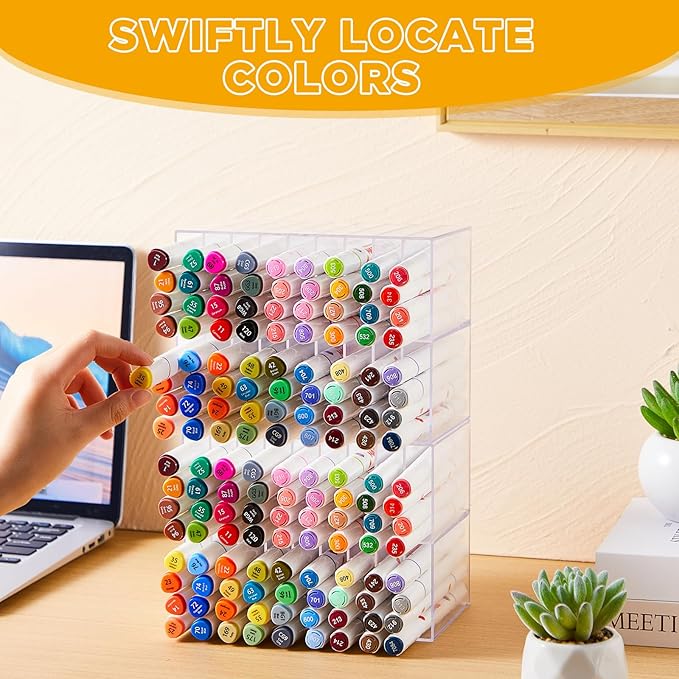 2 Pcs Acrylic Marker Organizer Desktop Storage Hold 144 Marker, Clear Pencil Holder Stand Art Brushes Stationary Display with 18 Compartments for School Classroom Desk Home Office Supplies