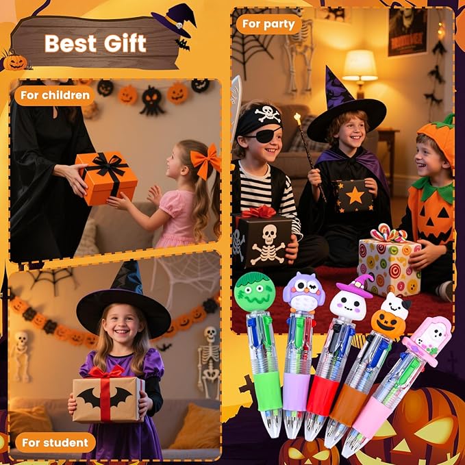 LiYiQ 100 Pcs Halloween Colorful Multicolor Pen in One Cartoon Cute Fun 4-in-1 Cute Pens Bulk Kawaii Pumpkin Ghost Bat Shape Cool Ballpoint Pens for Kids Fun Gifts