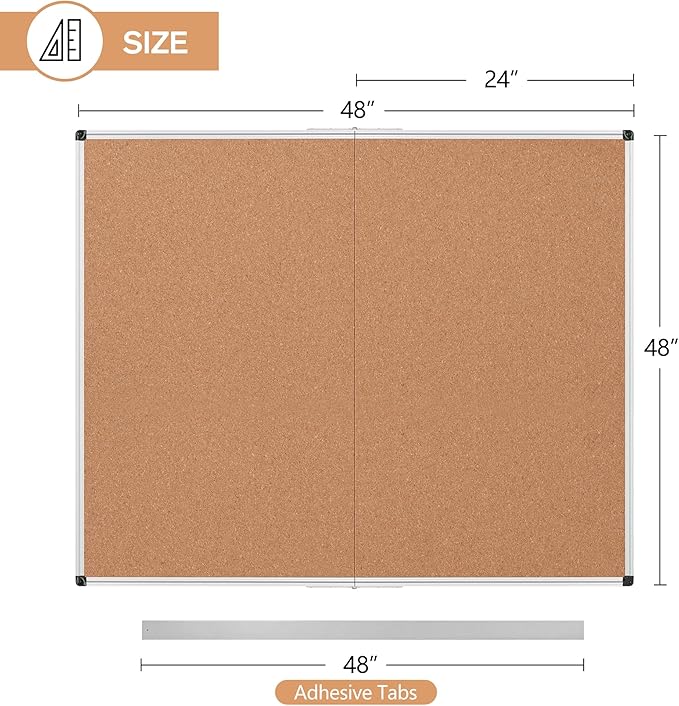 Board2by Extra Large Cork Bulletin Board 48" X 48", Foldable Notice Pin Board for Wall, Silver Aluminum Framed 4'x4' Corkboard, Wall Mounted Noticeboard with 36 Push Pins for School, Home & Office