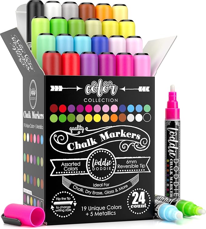 Loddie Doddie Liquid Chalk Markers (24-Pack) - Dust-Free Erasable Pens for Windows, Glass, Chalkboard & Blackboard - 6mm Reversible Bullet & Chisel Tip