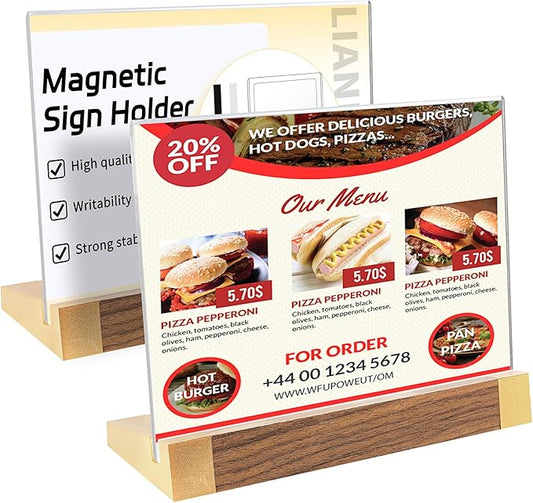 Acrylic Sign Holder 8.5x11 Inch with Wood-Color Base, Tabletop Display Sign Frame Horizontal Clear for Store/Coffee Shop/Restaurant Menu Display Hotel/Office Show Exhibitions Holder, 2 Pack L Shape