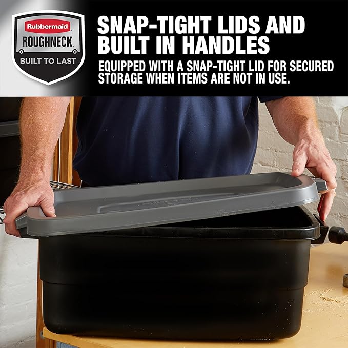 Rubbermaid 6-Pack Totes for Storage with Lids, Heavy Duty Plastic Storage Bins with Lids, Black Gray, 10 GAL - Stackable for Garage, Attic, Camping (10 GAL - 6 Pack Solid Black and Grey)