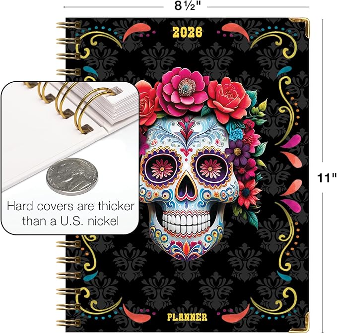 HARDCOVER 2026 Planner, 8.5"x11": 14 Months (November 2025 - December 2026), Daily Weekly Monthly Planner, Yearly Agenda, Bookmark, Pocket Folder and Sticky Note Set (Sugar Skull)