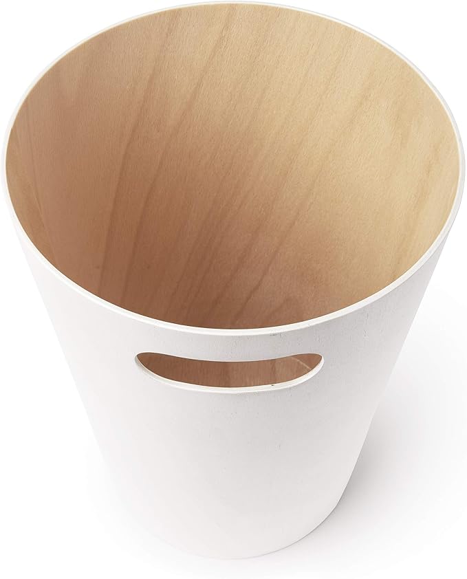 Umbra Woodrow, 2 Gallon Modern Wooden Trash Can Wastebasket or Recycling Bin for Home or Office, White
