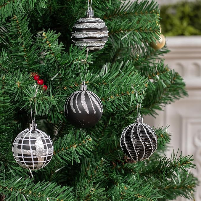 100ct Christmas Ball Ornaments Set, Black Silver and White Shatterproof Hand-Painted Hanging Baubles Decoration Bulk for Xmas Tree, Wreath, Garland, Home Holiday Decor