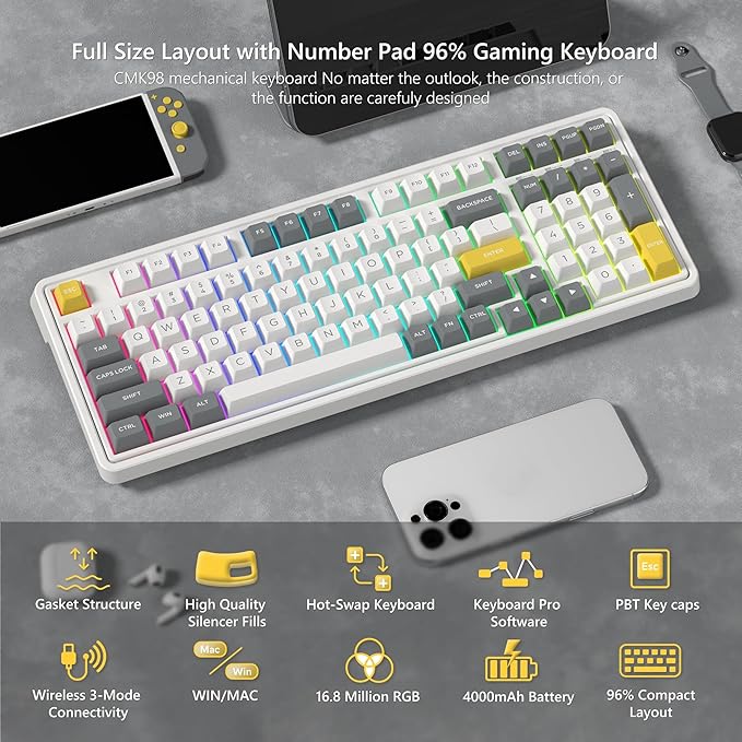 CMK98 Wireless Mechanical Keyboard with Number Pad,Tri-Mode Hot Swappable 99 Key Custom Gaming Keyboard, Linear Switches Gasket Creamy Keyboard RGB for Win/MAC (Grey)