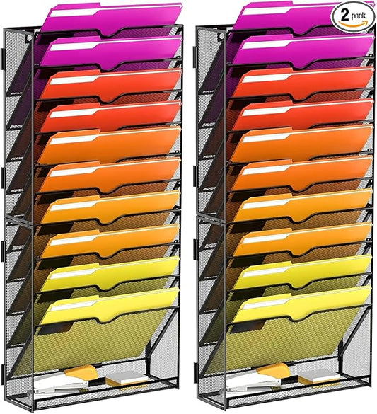 11-Tier Wall File Organizer Hanging File Organizer for Papers, Folders, Files, Magazine, Document, Mesh Wall Mount File Holder for Office Home School, Black 2 Pack