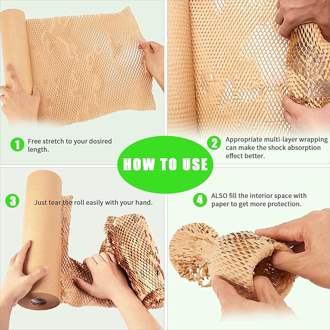 Honeycomb Packing Paper, MINHAO 15"x165' Eco Friendly Packing Paper for Moving Recyclable Honeycomb Paper Moving Supplies Bubble Paper Wrapping Protective Roll, With 36 Fragile Sticker Labels