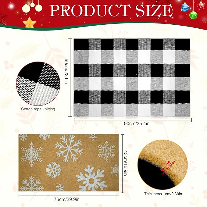 2 Pcs Christmas Welcome Doormats 30 x 17 Inch Winter Snowflakes Coir Door Mats for Front Doors Nonslip 2-in-1 Seasonal Buffalo Plaid Rug for Christmas Holiday Outside Entrance Porch Home Decor