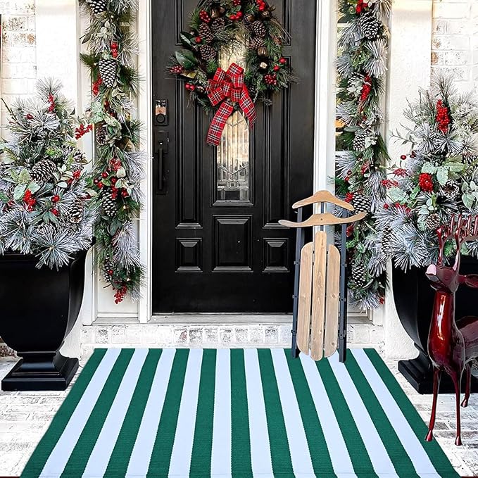 CAINANEL Christmas Outdoor mat 27.5"x43" Green and White Striped Outdoor Rug Front Porch Rug,Christmas Home Decor, Layerd Welcome Doormat for Front Porch Decor, Front Door, Farmhouse Decor