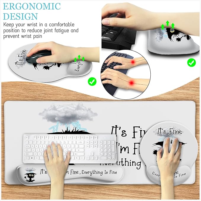 Desk Mat Set, Large Gaming Mouse Pad with Wrist Rest, Ergonomic Mouse Pad Keyboard Mat Wrist Support, Cup Coaster, Home Office Desk Accessories Decor Supplies, Funny Black Cat