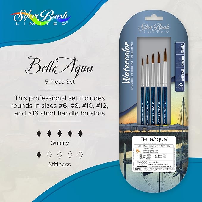 Silver Brush Limited BA-2706S BelleAqua Larger Size Round Watercolor Brush Set, 5pc Professional Short Handle Premium Soft Synthetic Red Sable Round Paint Brush Set, Sizes 6, 8, 10, 12, and 16