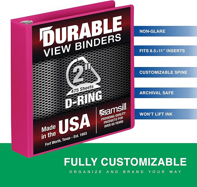 Samsill Durable 2 Inch Binder, Made in The USA, D Ring Binder, Customizable Clear View Cover, Dragonfruit, Holds 475 Pages