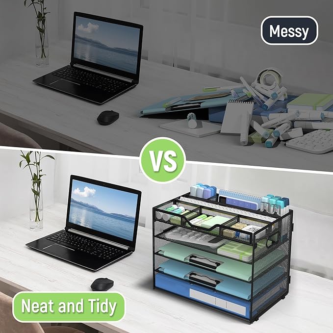 Docnest 5 Tier Mesh Desk Organizer- Letter Tray with Adjustable Compartments, Mesh Desktop Storage Built in Pen Holder and Handles, Desk Organizer Tray for Mail Documents Office Supplies-Black