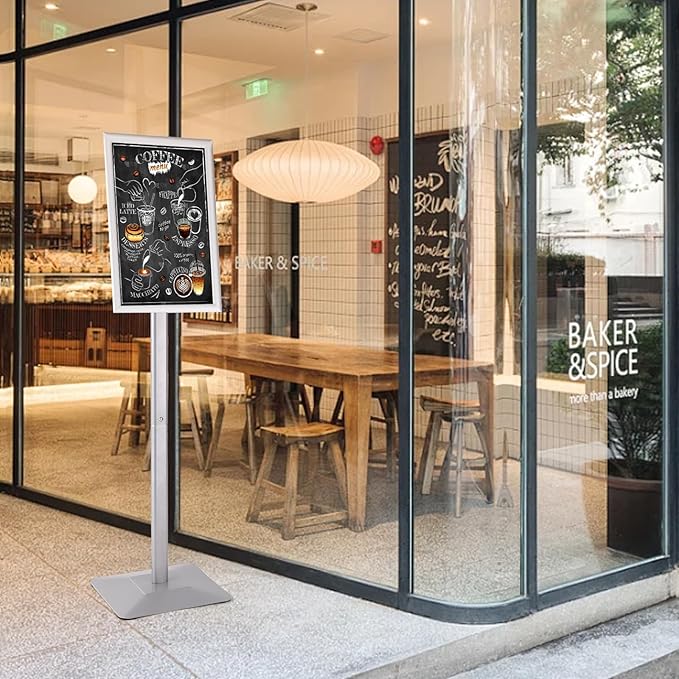 DISPLAYSWORKER Adjustable Heavy Duty Pedestal Sign holder floor Stand,sign stand poster stand Aluminum Snap Open Frame,Standing Floor for 8.5x 11 inch,Vertical/Horizontal View,SILVER