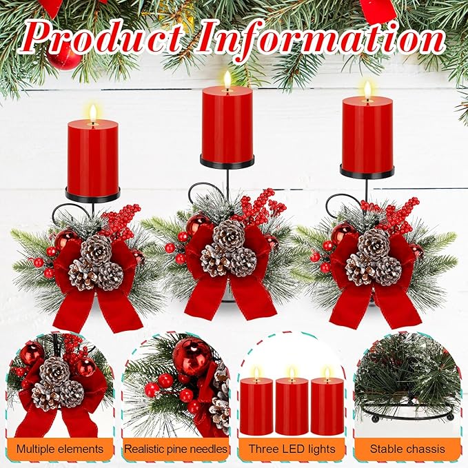 Yunlly Set of 3 Christmas Centerpiece Candleholder with Flameless Candlelights, Xmas Ball Adorned Candelabrum for Xmas Family Party Holiday Table Mantle Decoration