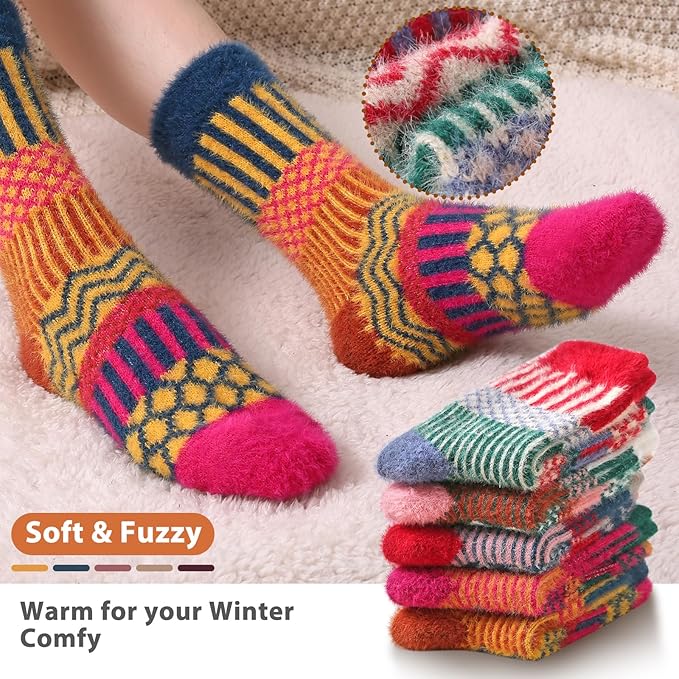 ICEIVY 5 Pair Fuzzy Cozy Socks for Women - Warm Comfy Soft Casual Home Sleep Winter Wool Socks - Gifts for Women