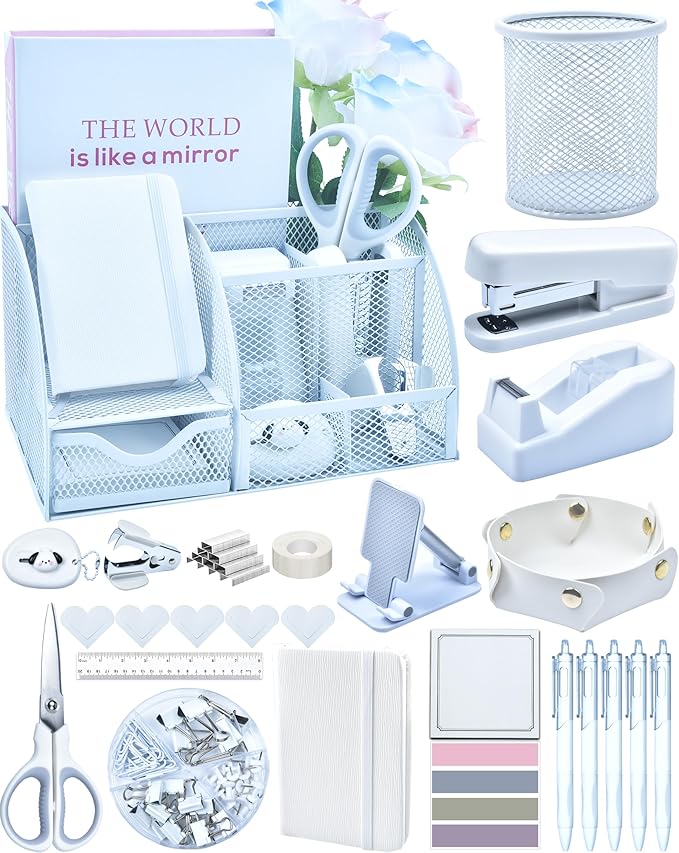 White Desk Accessories, 25Pcs White Office Supplies and Desk Organizers, with Tape Dispenser, Stapler, Staple Remover, Ect, Christmas Gifts