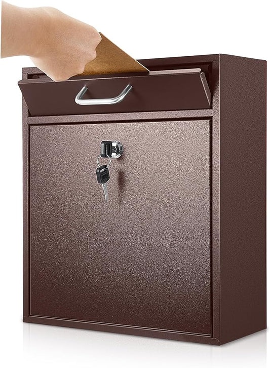 Locking Mailbox with Key for Outdoor 12 x 10.5 x 4.7 Inches Large Wall Mount Mail Box with Lock Security Mail Drop Metal Collection Boxes Hanging Secure Postbox(Brown)
