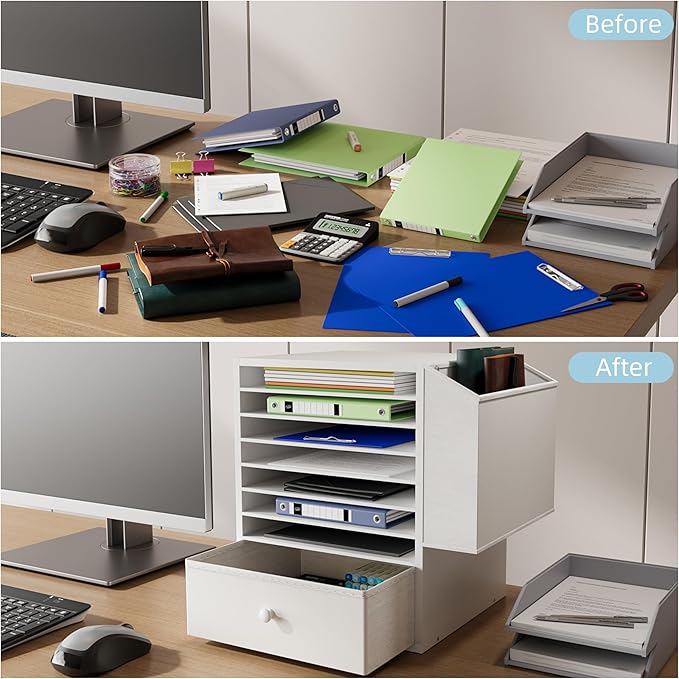 7 Tier Adjustable Countertop Mail Sorter with Drawer, Office Mailboxes With Name Slots, 12 X 12 Paper Storage Slot, Office Desk File Organizer, Wooden Desktop Mailbox For Classroom, White