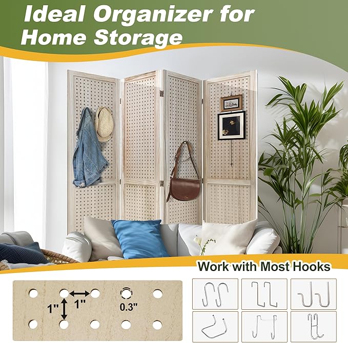 NicBex Room Divider 6 Panel Pegboard Display 5.6FT Wood PegBoard Room Dividers, Folding Privacy Screens Portable Display Board Wall Divider for Craft/Art Shows, Room Separation, Natural Wood