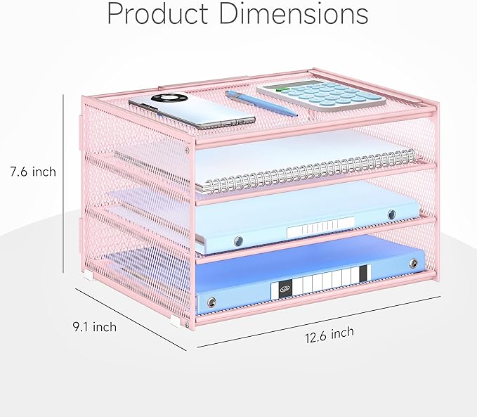 Lavatino 3-Tier Letter Tray Desk Paper Organizer – Pink Mesh Metal File Tray Organizer for Desk, Office Supplies & Home Organization | Fits A4/Letter Paper, Mail, Magazines and Office Accessories