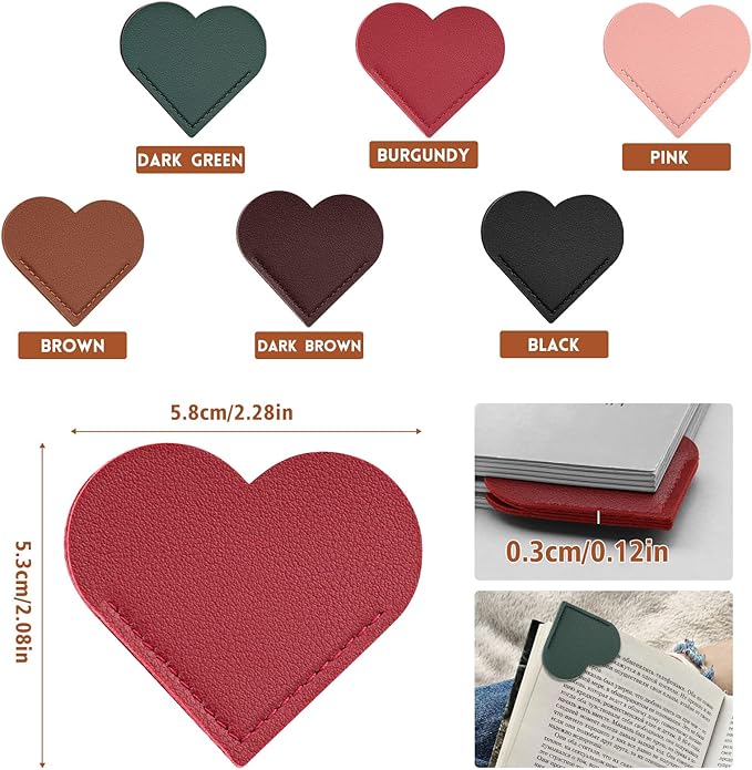 6 Pcs Leather Heart Bookmarks, Bookmarks for Women, Cute Heart Bookmark Corner, Book Marks for Teachers Students School Office Home Supplies