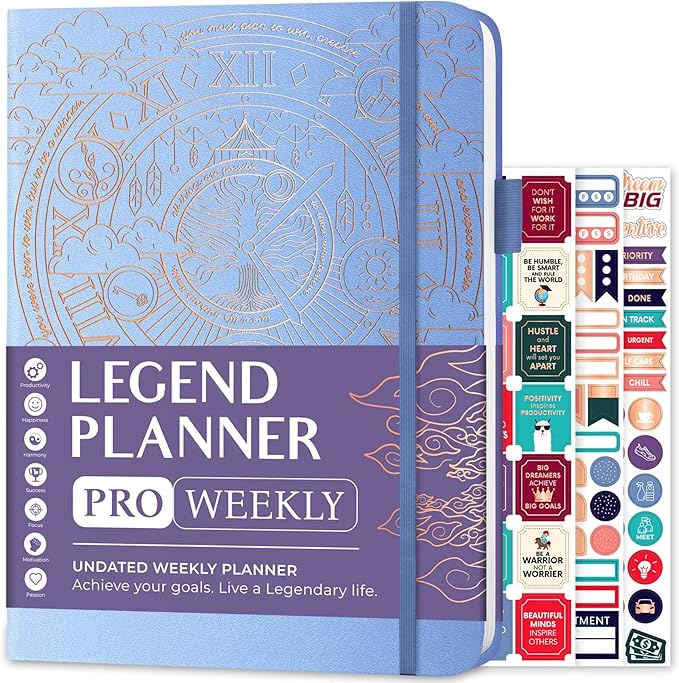 Legend Planner PRO – Deluxe Weekly & Monthly Life Planner to Increase Productivity and Hit Your Goals. Time Management Organizer Notebook – Undated – 7 x 10" Hardcover + Stickers – Periwinkle
