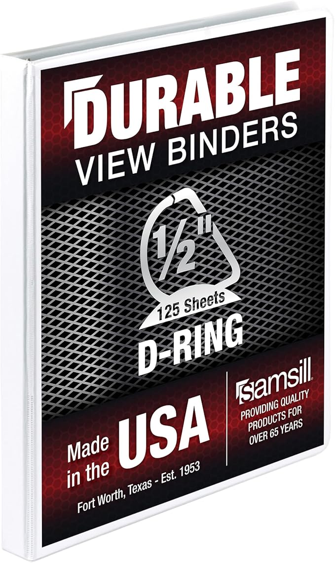 Samsill Durable 0.5 Inch Binder, Made in The USA, D Ring Binder, Customizable Clear View Cover, Pearl White, Holds 125 Pages