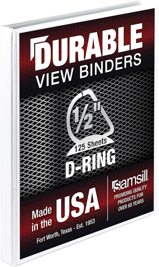 Samsill Durable 0.5 Inch Binder, Made in The USA, D Ring Binder, Customizable Clear View Cover, Pearl White, Holds 125 Pages