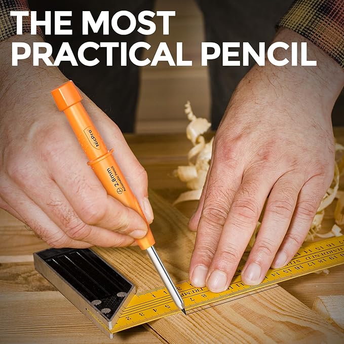 Nicpro CP3000 Carpenter Pencil with Sharpener, 2.8mm Mechanical Pencils with 19 Refill, Deep Hole Marker for Construction, Heavy Duty Woodworking Pencil, Carpenter Tools for Architect Marking (Orange)