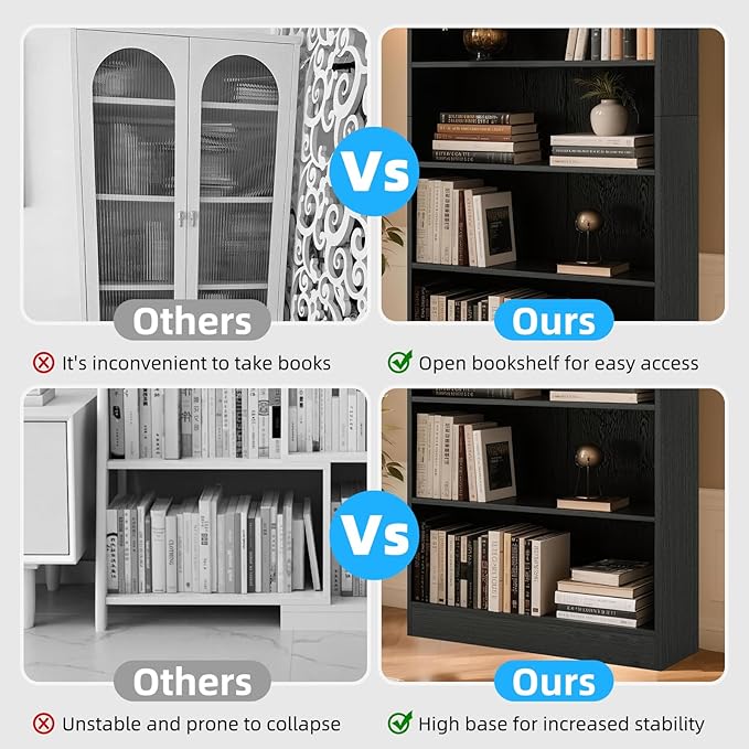 72" Rectangle Wooden Bookshelf with 6 Tier Bookshelf, Large Bookcase for Home Offices and Living Rooms with Storage Shelves, Display Shelves, Black