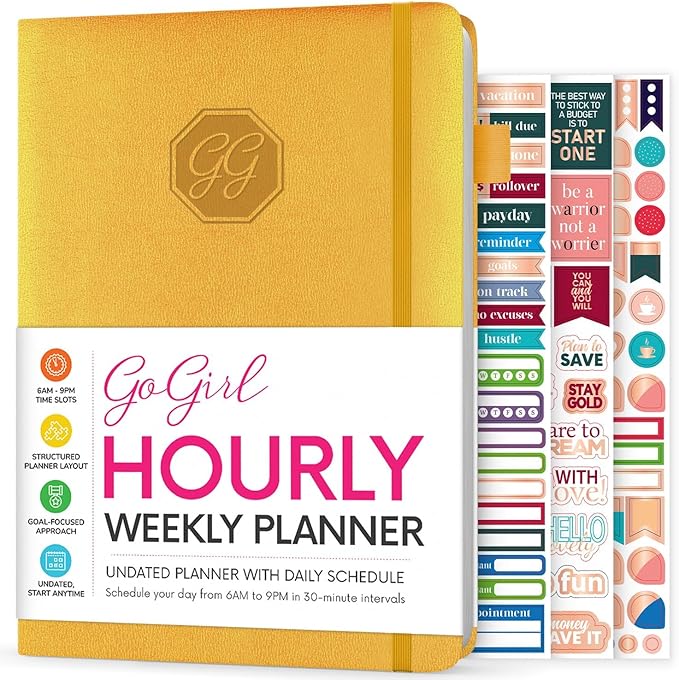 GoGirl Weekly Schedule Planner – Hourly Work & Life Planner with Time Slots – Vertical Agenda Organizer for Daily Productivity, A5 (Amber Yellow)