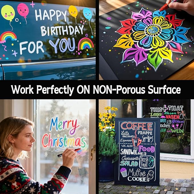 Window Chalk Markers for Cars Glass Washable, 8 Colors Liquid Chalk Marker Pens with 7mm 2 in 1 Nib Wide Tips, Big Chalkboard Markers Car Window pens