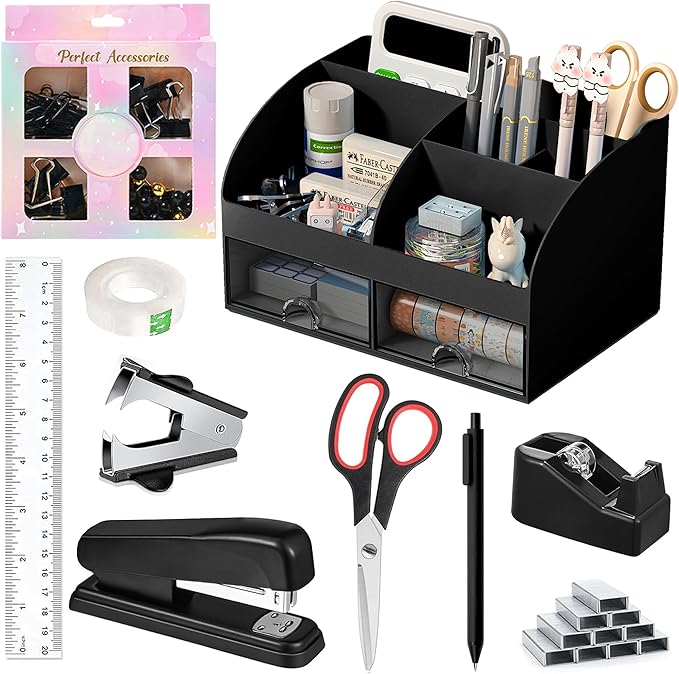 Black Desk Accessories with Pen Holder, Office Supplies Desk Organizers and Accessories, Tape Dispenser, Stapler, Staple Remover, Staples, Clips Set, Ruler, Scissor, Pen, Tape (Black)