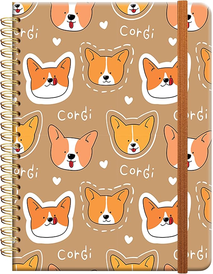 Ruled Spiral Writing Notebook,A5 Hardcover Lined College Journal for Women Lady Girl,Cute Strong Twin-Wire Binding with Premium Paper,8.4" X 6",Perfect for School,Office,Home Gifts(Cartoon Corgi Dog)