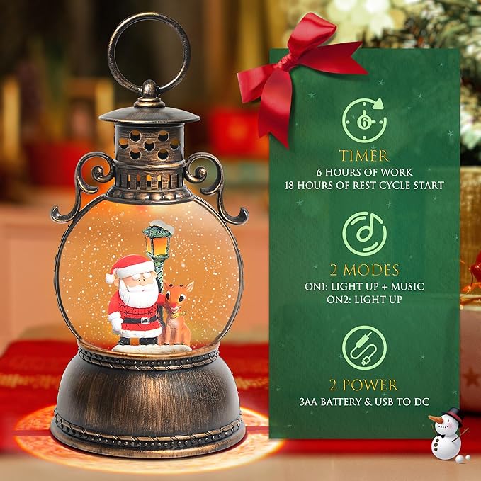 Christmas Snow Globes, Santa Claus and Deer Christmas Lantern with 8 Songs, 6H Timer Battery & USB Powered Glitter Music Box for Christmas Table Decorations Holiday