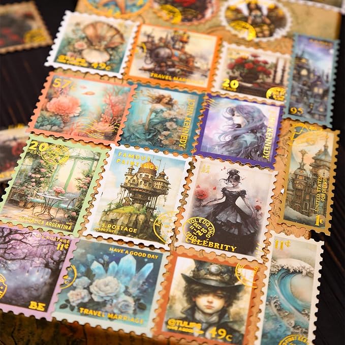 120Pcs Stamp Washi Stickers, Gold Foil Designs for Scrapbooking, DIY Crafts, Vintage Journaling Supplies, Junk Journal Ephemera, Includes Organizer