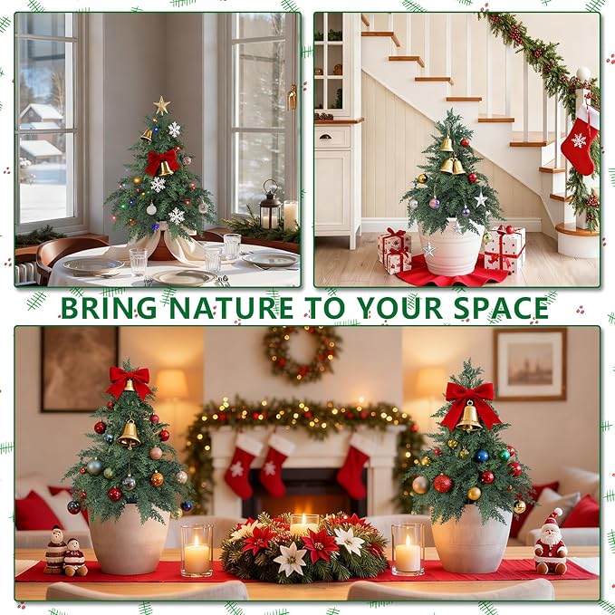 Artificial 26" Cypress Topiary Cedar Trees with Ground Spike, 2 Pieces Fake Pine Shrubs Bushes, UV Resistant Faux Evergreen Tree Plants for Indoor Outdoor Planters Front Porch Christmas