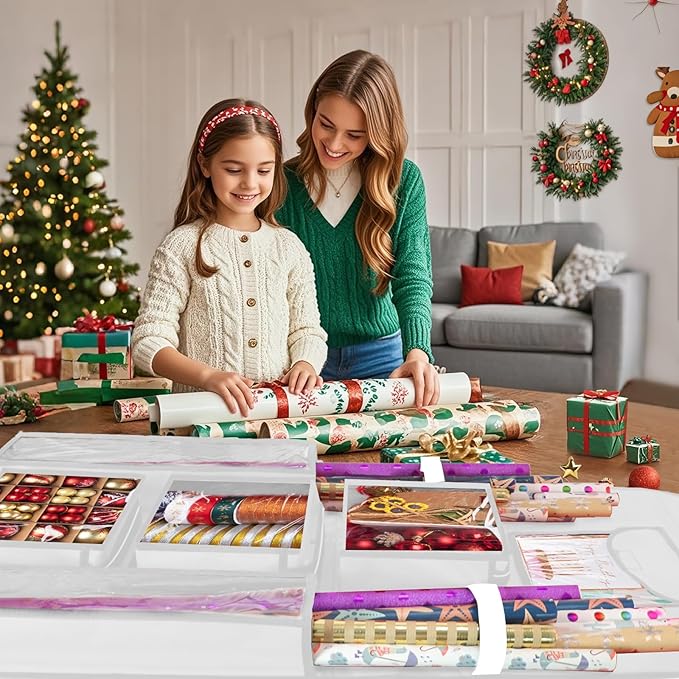 Hanging Gift Wrapping Paper Storage, 48x24 (Extra Large) White Double-Sided Christmas Wrapper Bag Container, Oxford Long Craft Roll Organizer, Present Wrap Holder for Closet, Door