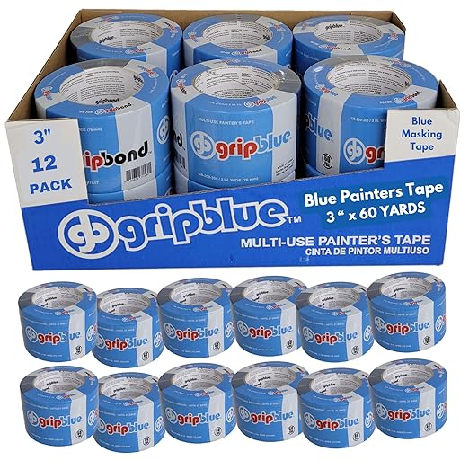 Blue Painters Tape 3 Inch Wide, 12 Rolls Masking Tape - Perfect for Precise Lines on Walls & Trim, Multi-Surface, Residue-Free, Easy Removal - Ideal for Indoor & Outdoor Use, 3in x 60yds