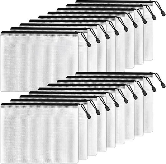 SUNEE Plastic Mesh Zipper Pouch 6x9 in (Black, 18 Packs),Extra Large Water-Resistant Zip Bag for School Office Supplies, Puzzles & Games Organizing Storage