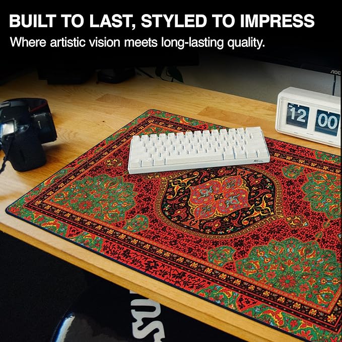MPCO. Arabic Textiles Large Gaming Desk Pad - 36" x 17" Duraglyde Fabric Crimson-Lotus Desk Mats - Non-Slip, Washable, Smooth Glide for Precision Gaming & Work