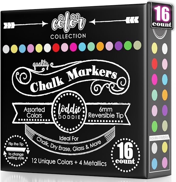Loddie Doddie Chalk Markers - Pack of 16, 6mm Reversible Bullet & Chisel Tips - Non-Toxic Dust-Free Erasable Liquid Chalk Ink - Dry Erase Markers for Glass, Windows & Whiteboards