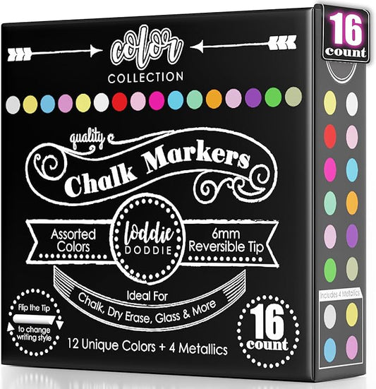Loddie Doddie Chalk Markers - Pack of 16, 6mm Reversible Bullet & Chisel Tips - Non-Toxic Dust-Free Erasable Liquid Chalk Ink - Dry Erase Markers for Glass, Windows & Whiteboards