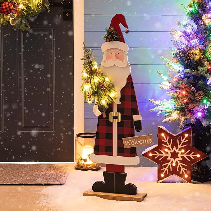 Glitzhome Wooden Christmas Santa Porch Sign Standing Porch Decor, Rustic Lighted Merry Christmas Welcome Sign Holiday Party Outdoor Indoor Xmas Decorations,36" H